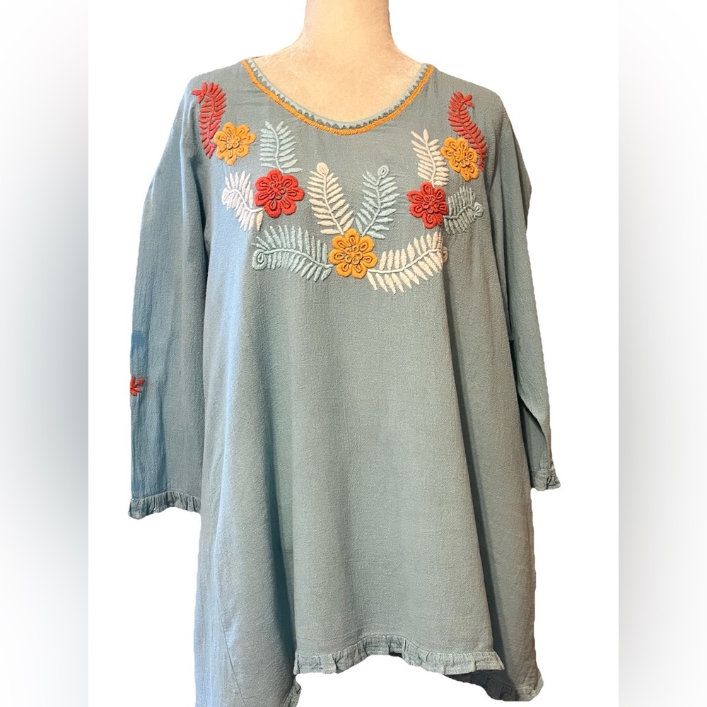 Sz L Ole San Miguel Blue Embroidered Floral Guatamalon Tunic Shirt Round Top